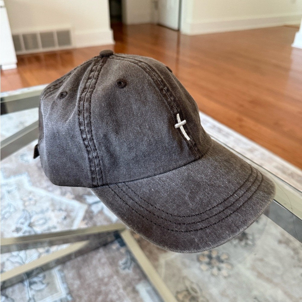 Brown Baseball Cap with Cross Embroidery